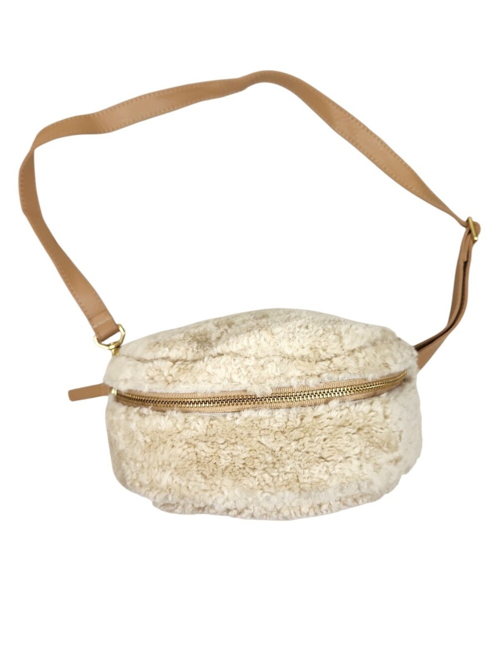 Primecut Teddy Shearling Bum Bag Cream Tan Leather Crossbody Belt Bag Handbag